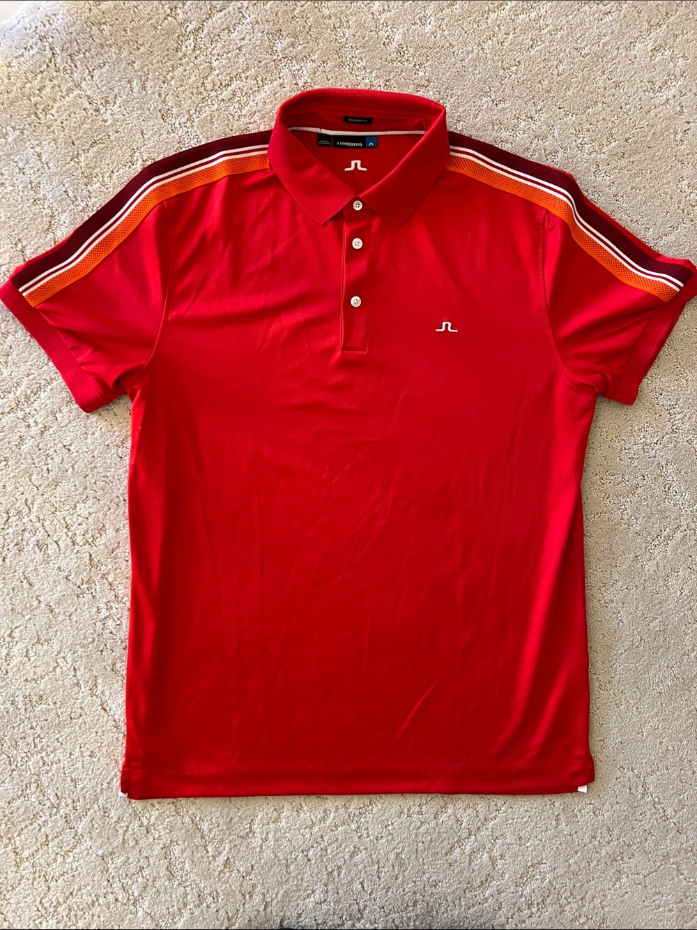 J.Lindeberg Red Polo with Orange and Maroon Shoulder Stripes